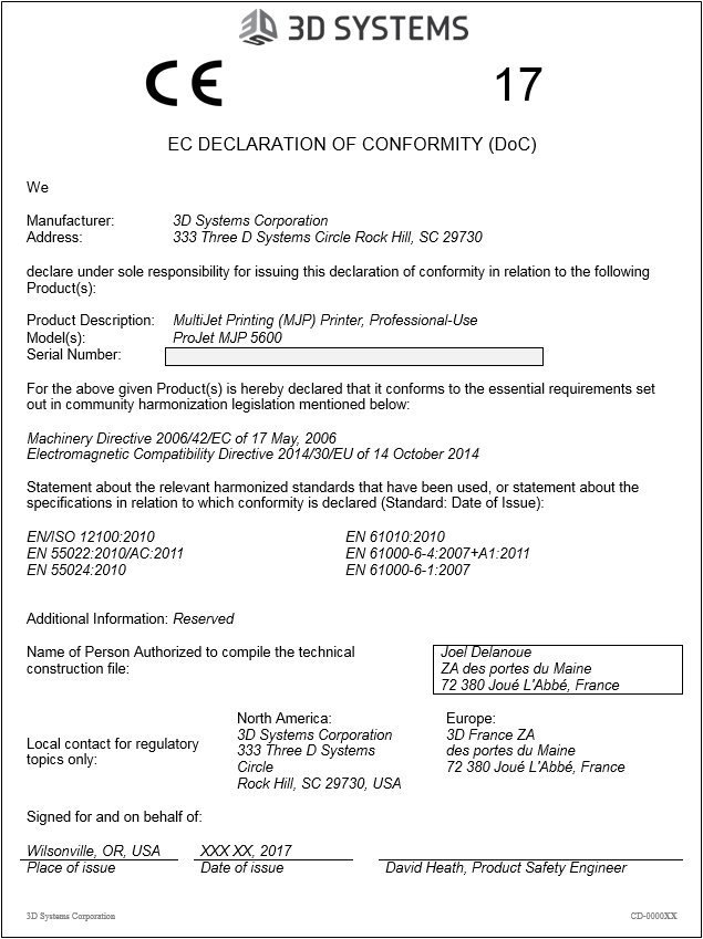 ProJet MJP 5600 EC DECLARATION OF CONFORMITY
